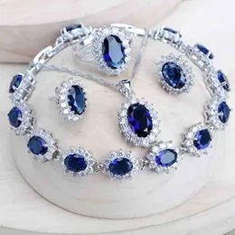 Silver 925 Women Bridal Jewelry Sets Blue Zirconia Costume Fine Jewellery Wedding Necklace Earrings Rings Bracelets Pendant Set 220210