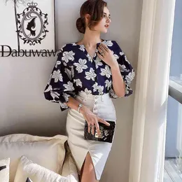Dabuwawa V-Ausschnitt Blumendruck Frauen Baumwollhemd Laterne Rüschenhülse Vintage Bluse Frühling Casual Blusas Weiblich DO1AST040 210520