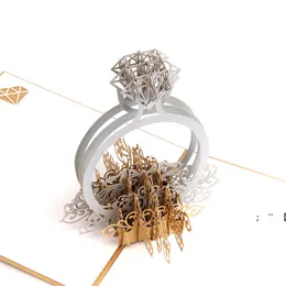 Guld Laser Cut 3D Ring Pop Up Bröllop Inbjudningar Romantisk Handgjorda Alla hjärtans dag för Lover Vykort Hälsningskort GCE13214