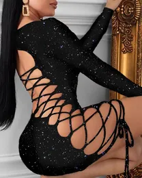 Ninimour Women Glitter Lace-Up Sequins Dress Long Sleeve Backless Sexy Night Out Club Party Mini Dress Bodycon Short Dress 210415