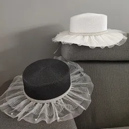 Vintage halm strand hatt för kvinnor pärla spets garn elegant keps utomhus semester solskyddsmedel kepsar bröllop brud brygga hattar