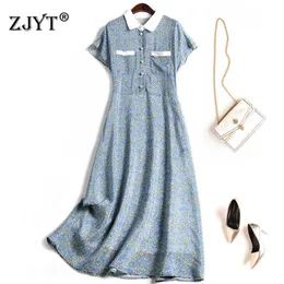 High Quality Runway Designers 100% Real Silk Print Dress Women Summer Robe Fashion Short Sleeve Casual Holiday Vestidos Blue 210601