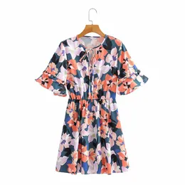 Vintage Round Neck Short Sleeve Fashion Women Dress Temperament Floral Print Lotus Leaf Sleeves Chic Female Dresses Vestidos 210507