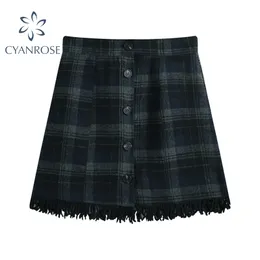 Sommer Quaste Plaid Crop Rock Für Frauen Einreiher A-linie Hohe Taille Röcke Elegante Adrette Chic Vintage Kleidung 210417