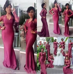 2021 Bridesmaid Dress V-Neck Trumpet Mermaid Ball Gown Sweep Train Dresses Long Sleeve Evening Lace Satin Prom Party