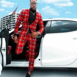 Klasyczne ślub Smokingi męskie Garnitury Slim Fit Suit Dla Mężczyzn Czerwony Sprawdź Business Mens Groom Tuxedo Prom Tailor Notch Custom Made