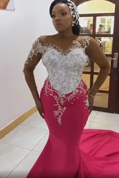 Plus Größe Arabisch Aso Ebi luxuriöser Meerjungfrau funkelnde Prom -Kleider Spitze Perlen Kristalle Abend formelle Party zweite Rezeption Bridesaid -Kleider Kleid ZJ