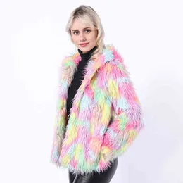 Moda zimowa Kobiety Faux Fur Coat Mieszane Multi Color Furry Hoodie Z Długim Rękawem Dorywczo Kurtka 211207