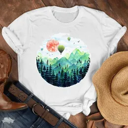 Feather hot air balloon dandelion print white loose round neck women's Casual Short Sleeve T-Shirt