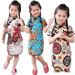 Ros blommig baby flickor qipao klänning kinesisk traditionell chi-pao mode nyår barn klänningar barn cheongsam linne kläder Q0716