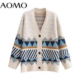 AOMO Autumn Winter Women Geometry Knitted Cardigan Sweater Jumper Button-up Female Tops 1F313A 210922