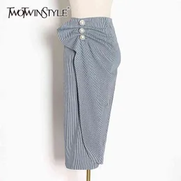 TWOTWINSTYLE Gestreiften Patchwork Perlen Rock Für Frauen Hohe Taille Asymmetrische Midi Röcke Weibliche Modische Kleidung Sommer 210517