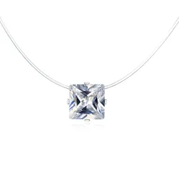 Transparent Zircon Square Cube Pendant Necklaces Women Jewelry Fishing Invisible Necklace Collar Clavicel Chain