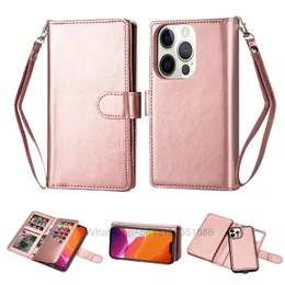 Avtagbara avtagbara läder plånboksfodral för iPhone 13 Pro max 12 mini X XS XR 8 7 6 Plus multifunktion 9 Kortplats Kredit ID Flip Cover