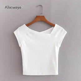 Women Summer Stylish Stretchy Slim Cropped Ribbed Tank Skew Collar Short Sleeve Female Sxey Shirts Chic Tops Mujer 210521