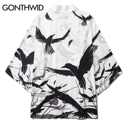 GONTHWID Mens Raven Crow Bird Print Japanese Kimono Cardigan Jacket Tops Shirts Streetwear Harajuku Hip Hop Casual Loose Coats 211110