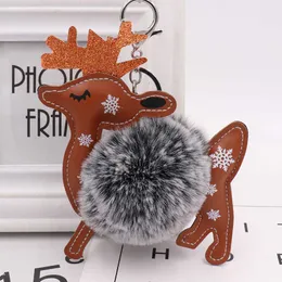 New Cute Deer Animal Fur Ball Keychain PU Leather Elk Snowflake Plush Pendant Keychain Woman Bag Car Ornaments Christmas Gifts G1019