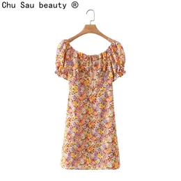 Summer French Vintage Girly Square Neck Oil Painting Floral Sweet Puff Sleeve Thin Dress Female Vestidos Fashion 210508