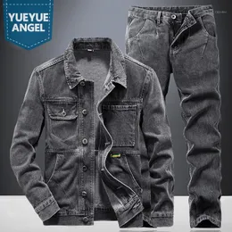 Giacca di jeans primaverile Jeans Set da due pezzi da uomo Stile Safari lavato Top da moto vintage Pantaloni Set coordinati Moda Streetwear Tracksu da uomo