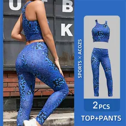 Vutru sömlösa kvinnor yoga set träning sportkläder gym kläder fitness gröda högsta midja leggings blå leopard sport kostym 210802