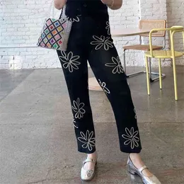 Margarida impressão de malha y2k calças mulheres casual sweatpants elástico cintura alta calças longas para feminino retro floral streetwear 210510