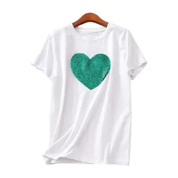 Kanske är du kvinnor vita sequined grönt hjärta T-shirt Kortärmad Print O Neck Lossa Casual B0304 210529