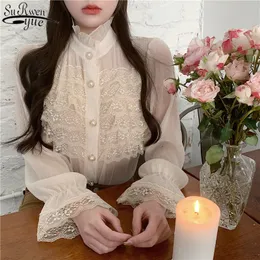 Korean Layered Lace Ruffled Patchwork Blouse Women Spring Sweet Stand Collar Chiffon Shirt Flared Sleeve Buttons Top 13298 210427