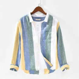 1931 Men Spring Fashion Japan Style Pure Linen High Quality Colorful Stripe Dyed Long Sleeve Shirt Male Minimalism Leisure Shirt 210708
