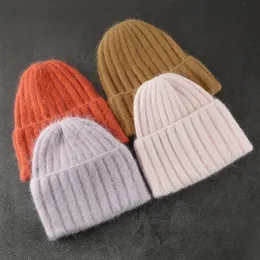 Kvinnor vinter hatt kanin päls skullies mössor kvinna mode solid rand varm stickad hatt damer ull beanie hattar bonnets
