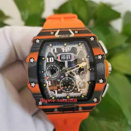 Topselling Top Quality Klockor 50mm x 44mm R M 11-03 McLaren Carbon Fiber Orange Rubber Bands Transparenta Mekaniska Automatiska Män Mäns Klocka Armbandsur