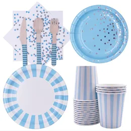 Högkvalitativ fläckig randig engångsbeteckningsbord Blue Blue Plates Cup Happy Birthday Festy Decor Kids Boy 1st Baby Shower