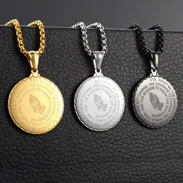 Pendant Necklaces Men's Bible Verse Prayer CZ Necklace Christian Jewelry Gold Stainless Steel Praying Hands Coin Medal