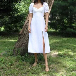 Haute qualité femmes été Vintage blanc col en V taille mince fente robe ourlet fendu manches bouffantes fermeture éclair Midi robe d'été 210520