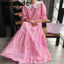 Dresses Chic Korean Sexy Hollow Out Pink Lace Peter Pan Collar Dress Women Flare Sleeve Patchwork Loose Sweet Summer Fashion 210610