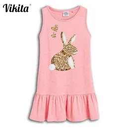 VIKITA Mädchen Pailletten Kleid Kinder Kaninchen Schmetterling Vestidos Kinder Sommer Kleider Kleinkinder Baumwolle Ärmellose Kleidung Q0716