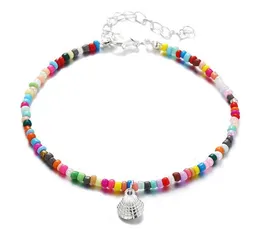 Färg Beaded Anklet Retro Alloy Scallop Pendant Foot Chain Beach Footwear för Kvinnor Flickor