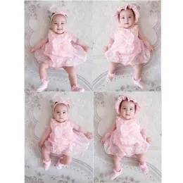 2020 New Summer Baby Dresses Newborn Baby Lace Bow Princess Dress For Baby 1st Birthday Dress+Headband+Hat +Socks Kids Clothing G1129