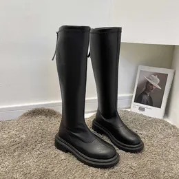 Dünne flache Oberschenkel hohe Stiefel Plattform Frauen schlank dicke Sohle kniehohe Stiefel Frauen Schuhe schwarz Winter lange Motorradstiefel Frauen Y0910