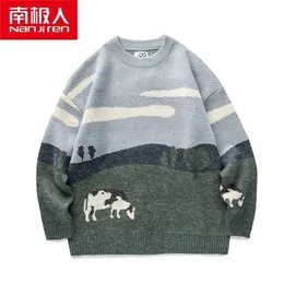 NANJIREN MEN Kläder Män Andningsbara Pullovers Varm Daglig Casual O-Neck Animal Print Långärmad Bomull Tunn Sweater 211006