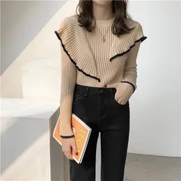 HziriP OL Basic Bottoming Knit Sweater Korean Style Flounced Stitching Pullover Sweaters Slim Warm Thick Knitted Tops 210812