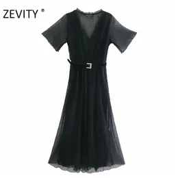 Mulheres Moda V Pessoas Pontos Padrão Sashes Malha Vestido Escritório Senhora Manga Curta Ruffles Vestido Chic Business Dresses DS4412 210420