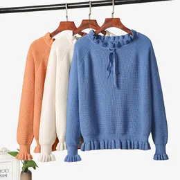 Outono Inverno Doce Fluffled Collar Malha Camisola Mulheres O-pescoço Espesso Ruffles Sólidos Pullovers Feminino Casual 210520