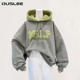 OUSLEE Fashion Patchwork Oversize Sweatshirt Women Winter Casual Loose Cotton Thick Letter Long Sleeve Hoodies Female Streetwear 210928