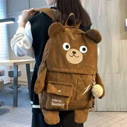 DCimor Corduroy Cute Bear Women Plecak Kobieta Haft Duży Winter Schoolbag Multi-Pocket Torba Podróżna dla nastoletnich Girls 210922
