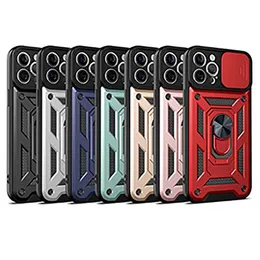 Shockproof Lens Slide Cell Phone Cases Protective Back Cover Ring Holder Kickstand for iPhone 8 XR XS 11 12 Pro Max SE2 Samsung S20 S21 FE A11 A71 A82 M51 LG K32 K52 Moto G60