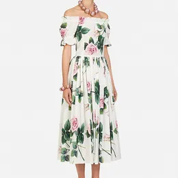 LLZACOOSH Summer Fashion Women Dress Slash Neck Puff Sleeve Dress Elastic Roses Floral Print Midi Calf Elegant Dres 210514