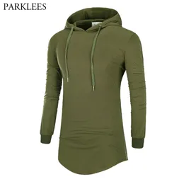 Longline Hooded Tshirt Men Casual Side Zipper Mens Hoodies T-shirts Long Hiphop Streetwear Tee Shirt Homme Army Green 210522