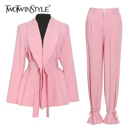 TWOTWINSTYLE Casual Pink Trouser Suits Female Notched Long Sleeve Korean Slim Blazer High Waist Wide Leg Pants Women's Suit 211116