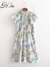 Hsa Chinese cheongsam Dress Stand Collar Puff Sleeve HIgh Waist Floral Casual Vestidos A-line Pullover Maxi Sundress 210716
