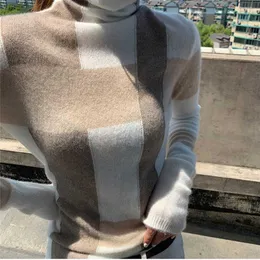 Pull en cachemire femmes col haut couleur assortie 100% pure laine pull mode grande taille chaud tricoté fond Shir 211215